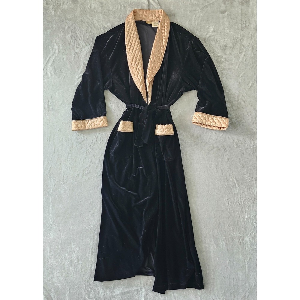 Vintage Delicates Velour Robe S Black Velvet Rich Quilted Collar Vamp Castlecore